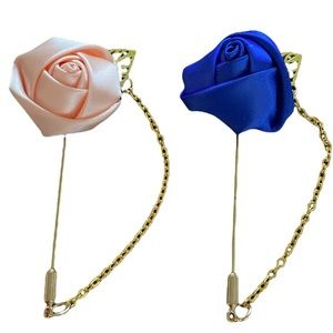 - Unisex 2Pcs set Handmade Satin Flower Corsage Brooch Pin with Metal Chain